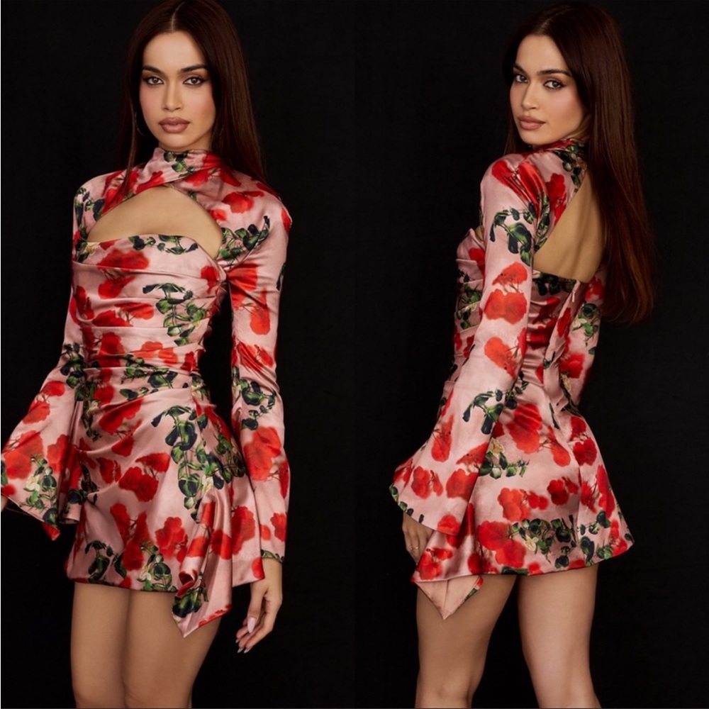 House of CB ‘Toira’ Satin Rose Print draped corset mini dress NWOT - Picture 3 of 12